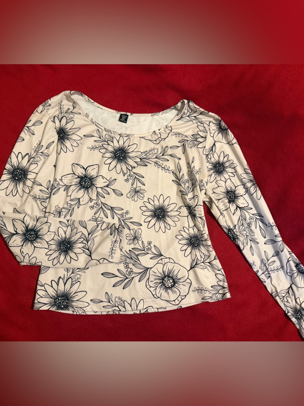 SHEIN Cream Long Sleeve Floral Top with Black Print